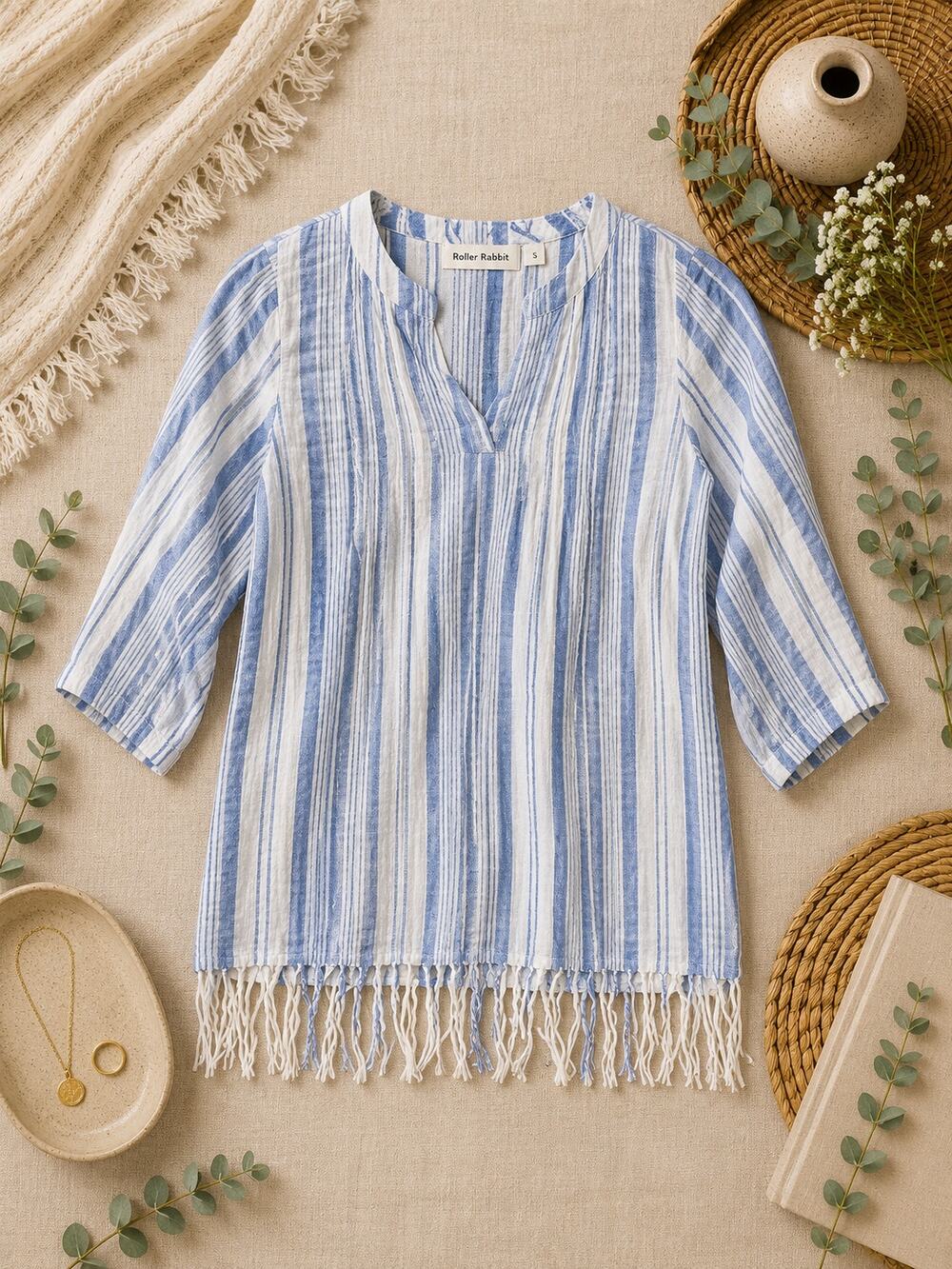 Roller Rabbit Women's Blue White Striped Cotton Top Fringe Coastal Boho Size 10